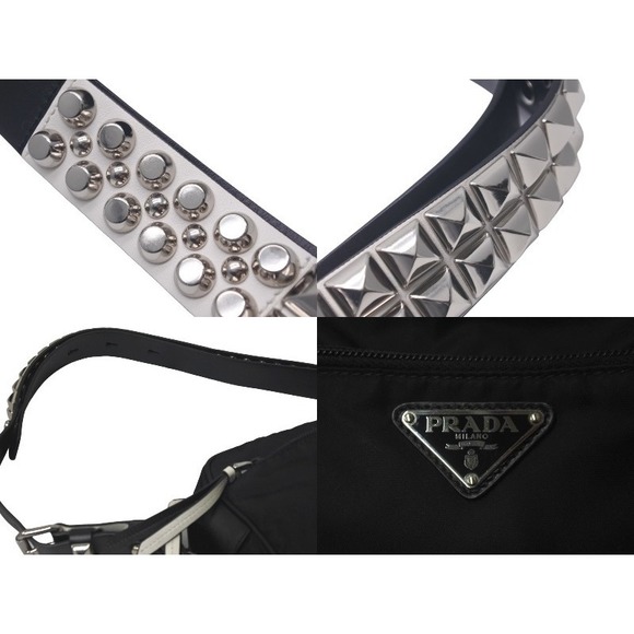 Prada Studded Shoulder Bag Triangle Logo Nylon Black - Picture 7 of 10